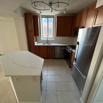 Warm Wood Kitchen Remodel with Quartz Peninsula