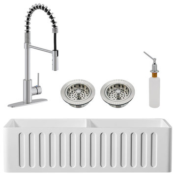 36" Double Bowl Solid Surface Reversible Sink and Faucet Kit, Stainless Steel