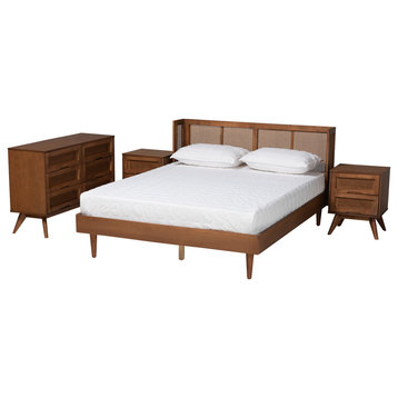 Rina Ash Walnut Finish Wood 4-Piece King Size Bedroom Set with Synthetic Rattan