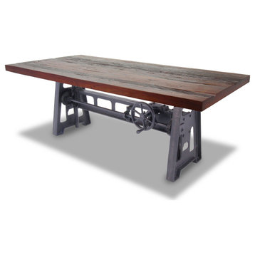 Industrial Dining Table, Cast Iron Base, Adjustable Height Rustic Mahogany