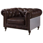 Acme Furniture - Aberdeen Chair, Vintage Brown Top Grain Leather - With details such as rolled arms and button tufted backrest, the Aberdeen chair has a classic Chesterfield design that never goes out of style. Upholstered with top grain leather in a rich vintage brown contrasts beautifully against the lustrous aluminum back.