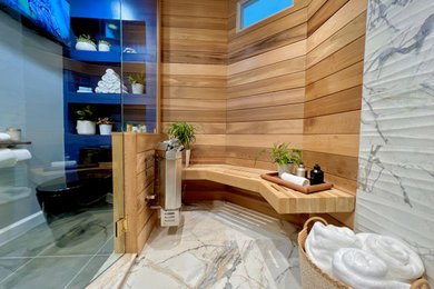 Идея дизайна: баня и сауна среднего размера в стиле фьюжн с фасадами островного типа, серыми фасадами, душевой комнатой, раздельным унитазом, черно-белой плиткой, керамогранитной плиткой, синими стенами, полом из керамогранита, настольной раковиной, столешницей из дерева, серым полом, душем с распашными дверями, коричневой столешницей, сиденьем для душа, тумбой под одну раковину, напольной тумбой, деревянным потолком и деревянными стенами