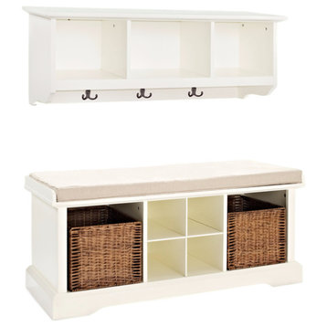 Brennan 2-Piece Entryway Bench and Shelf Set With Baskets, White