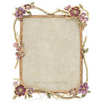 JAY STRONGWATER - Jay Strongwater Delilah Floral Branch 8"x10" Frame SPF5860-289 - A graceful composition of metal twigs with floral blossoms surround the Delilah frame with a delicate beauty. Casted in pewter, finished in 18K gold and beautifully painted in shades of magenta, plum and lilac enamels by our finest artisans in Rhode Island and sparkling with hand-set Swarovski crystals. With our signature, striped metal back plate and kickstand  Inches� this frame is truly beautiful from any view. Stands vertically or horizontally. Pewter with a 18K gold finish, hand-enameled and hand-set with Swarovski crystals from the Jay Strongwater Rhode Island workshop. Jay Strongwater Item Number: SPF5860-289