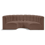 Meridian Furniture - Arc Vegan Leather Upholstered 4-Pc. Inward Curved Modular Sectional, Brown - Unleash modern opulence with the Arc Vegan Leather 4pc. Sectional. Crafted for the modern connoisseur, this Sectional injects an air of refined luxury into any space. Its sleek silhouette, upholstered in supple brown vegan leather, exudes timeless sophistication while the deep channel tufting adds textural intrigue, further elevating the chair's visual appeal. The modular design makes it a versatile chameleon, effortlessly adapting to your evolving needs and preferences. Whether you envision it gracing a chic living room corner, basking in the glow of a bedroom window, or adding a touch of drama to a home office, the Arc seamlessly complements your unique interior aesthetic.