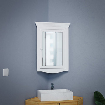 Corner Medicine Cabinet White Hardwood Wall Mount with Easy Clean Mirror