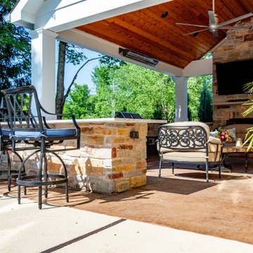 Pool Side Covered Patio with Fireplace and Bar Area