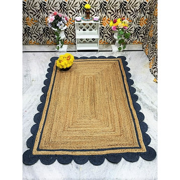 Farmhouse Area Rug, Braided Natural Jute & Blue Scalloped Accents, 6' X 9'