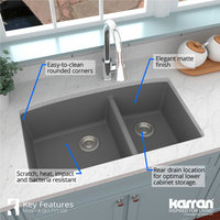 Karran Undermount Quartz 32" 60/40 Double Bowl Kitchen Sink, Grey
