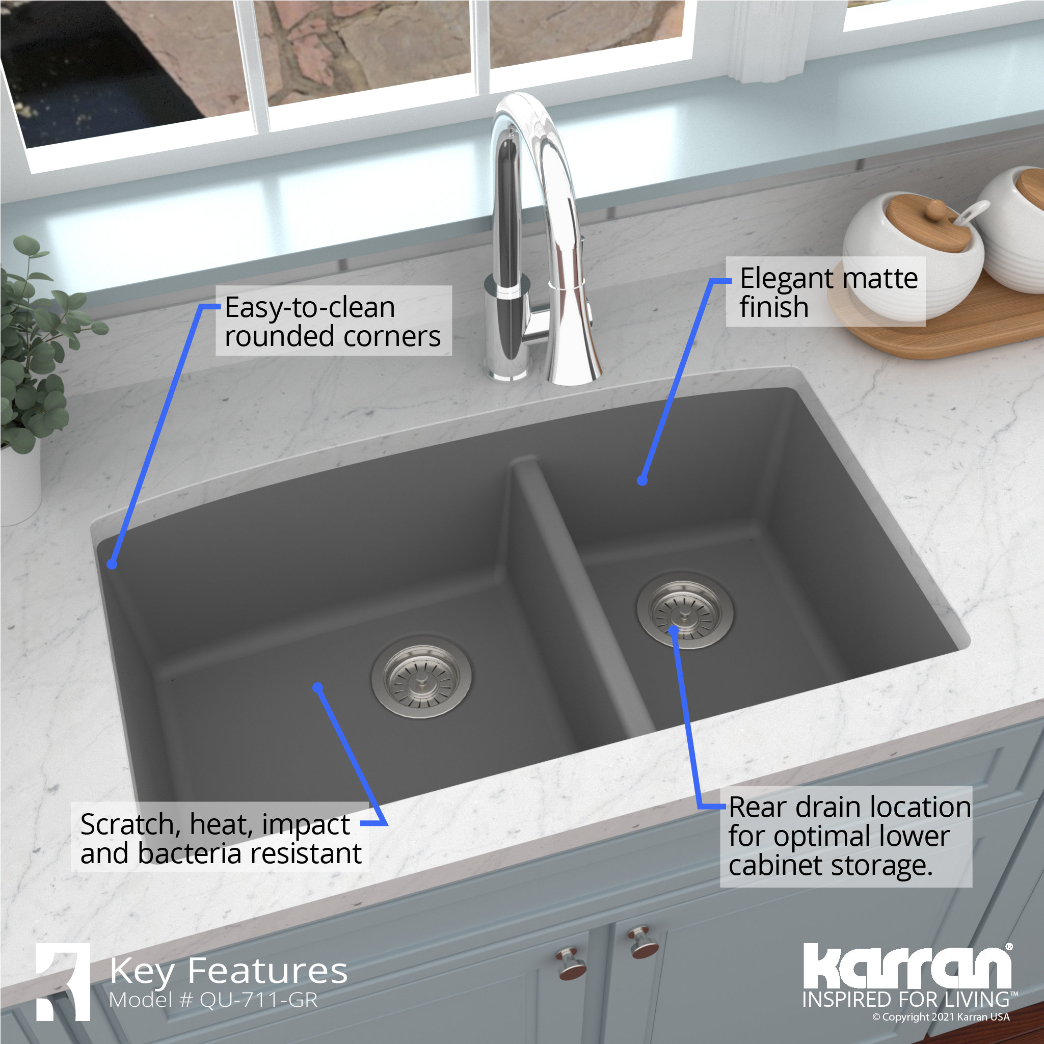 Karran Undermount Quartz 32" 60/40 Double Bowl Kitchen Sink, Grey