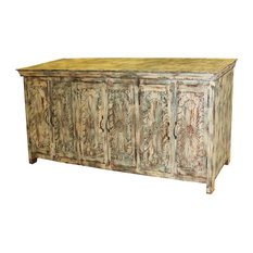Mogul Interior - Consigned Antique chakra carving Indian Vintage 6 Door Sideboard Cabinet - Buffets and Sideboards