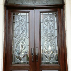 Pinehurst Decorative Glass Wood Double Door with Transom - Front Doors