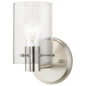 1 Light 9" Tall Wall Sconce, Brushed Nickel With Clear Glass