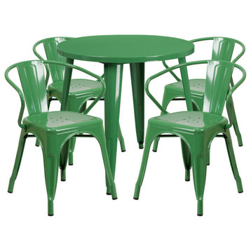 30'' Round Green Metal Indoor-Outdoor Table Set With 4 Arm Chairs