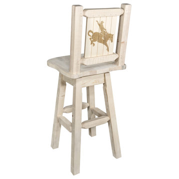 Homestead Barstool & Swivel With Laser Engraved Bronc, Clear Lacquer Finish, Lac