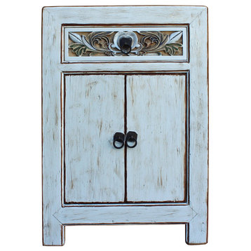 Distressed Off White Floral Carving Side Table Cabinet cs2483