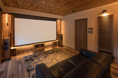 This is an example of a contemporary home theatre in Other with beige walls, medium hardwood floors, a projector screen and brown floor.