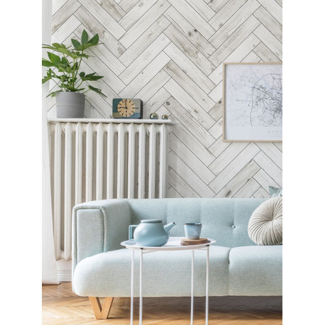 Herringbone Whitewashed Barn Wood Planks Mural Peel and Stick  Vinyl Wallpaper, White, 24"x108"