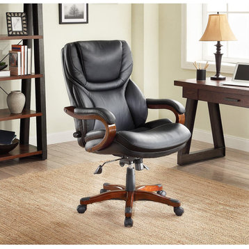 Modern Office Chair, Black Bonded Leather Seat & High Back With Lumbar Support