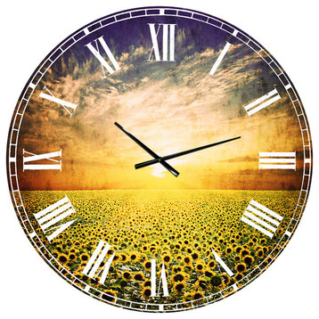Beauty Sunset Over Sunflowers Field Floral Metal Clock, 36x36