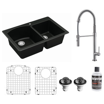 Karran All, One Drop-In Quartz 33" Double Bowl Sink, Black With Faucet