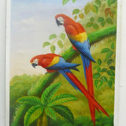 Student Oil Paint Canvas Art 2 Parrots Wall Decor - Paintings