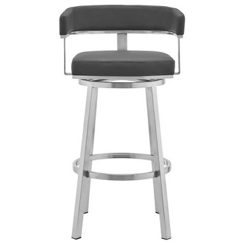 Cohen 30 Gray Faux Leather and Brushed Stainless Steel Swivel Bar Stool