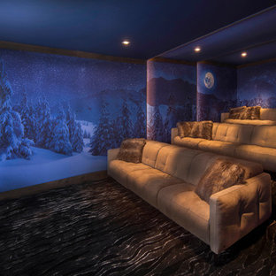 Aménagement d'une grande salle de cinéma contemporaine fermée avec un mur bleu, moquette, un sol noir et un écran de projection.