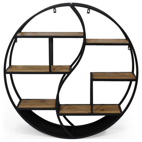 Bobby Industrial Hanging Circular Wall Shelf, Black Finish, Natural