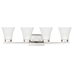 Generation Lighting Collection - Bayfield 4-Light Wall/Bath, Chrome - The Sea Gull Lighting Bayfield four light vanity fixture in chrome is an ENERGY STAR qualified lighting fixture that uses fluorescent bulbs to save you both time and money. The Bayfield bath collection by Sea Gull Lighting delivers simplicity with flair. The transitional design is a subtle combination of clean lines and flared, angular Satin Etched glass shades to bring style and warmth to the bathroom no matter the budget. Offered in Chrome, Burnt Sienna and Brushed Nickel finishes, the bath lighting collection offers one-light, two-light, three-light and four-light vanity fixtures. Both incandescent lamping and ENERGY STAR-qualified LED lamping are available; all fixtures are California Title 24 compliant.