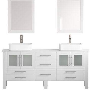 71" White Double Vessel Sink Bathroom Vanity Set, "Zachary", Faucets: Brushed Ni
