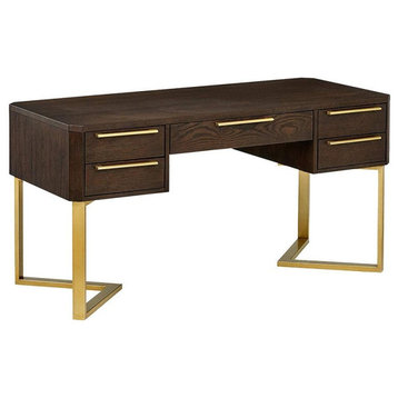 5-Drawer Walnut Writing Desk Large Computer Desk With Gold Base