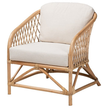 Baxton Studio Patsy White Fabric and Natural Brown Rattan Armchair