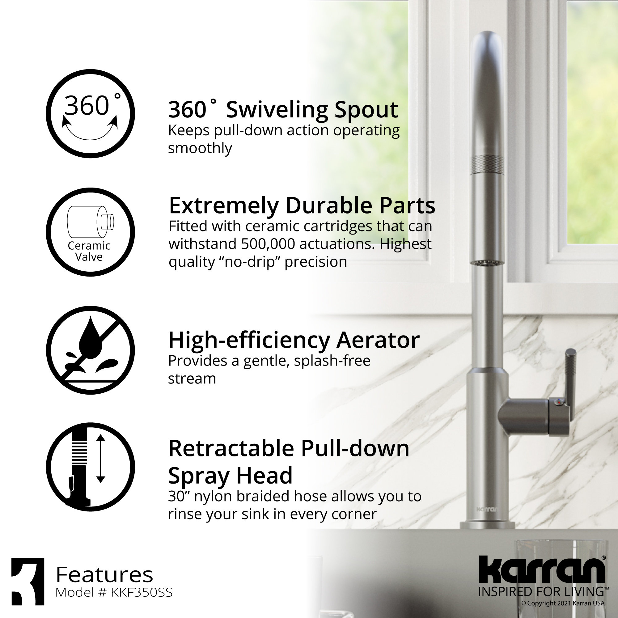 Karran KKF350 1-Handle Pull Down Dual Function Sprayer Faucet, Stainless Steel