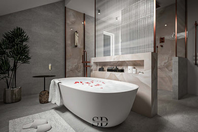 This is an example of a large modern bathroom in West Midlands with a floating vanity unit.