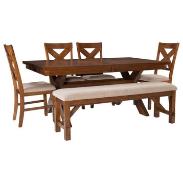 Linon Kraven 6 Pce Wood Dining Set X-Back Padded Seats Bench Dark Hazelnut Brown