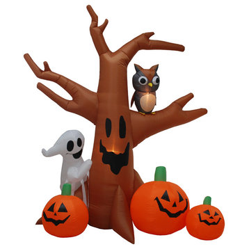 Halloween Inflatable Ghost Tree With Owl and Pumpkins, 8'