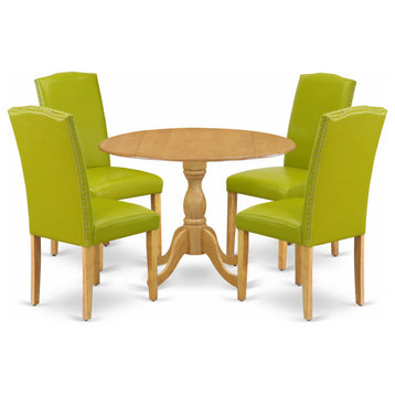 5 Pc Dining Set, Oak Breakfast Table, 4 Autumn Green Leather Chairs, Oak Finish