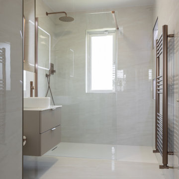 Bathroom combo of Brushed Bronze and Bondi White Gloss Tiles