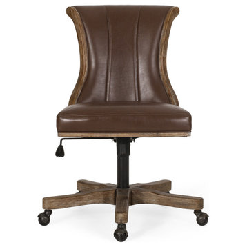Andrea Contemporary Upholstered Roll Back Swivel Office Chair, Dark Brown/Natural, Faux Leather