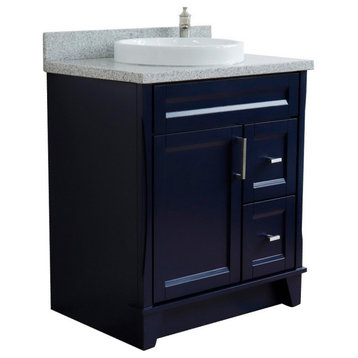 31" Single Sink Vanity, Blue Finish With Gray Granite With Round Sink