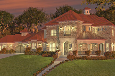 Large transitional two-storey exterior in Dallas with stone veneer.