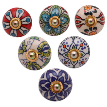 Novica Handmade Floral Union Ceramic Knobs, Set of 6