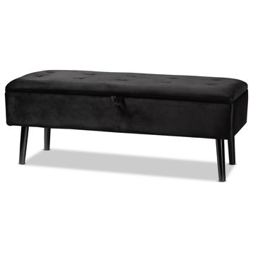 Caine Black Velvet Fabric Upholstered and Dark Brown Finished Wood Storage Bench