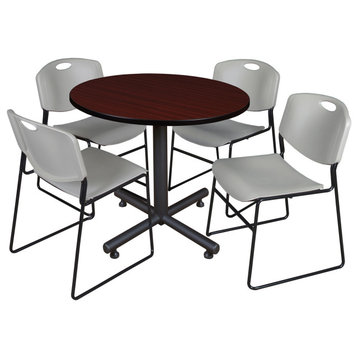 Kobe 36" Round Breakroom Table- Mahogany & 4 Zeng Stack Chairs- Grey