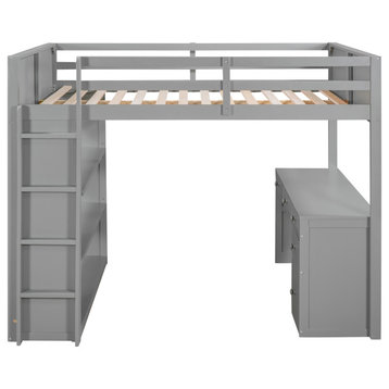Gewnee Full Size Wood Loft Bed with Ladder,Shelves and Desk in Gray