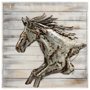 "Golden Horse" Metallic Hand Painted Wall Art on Rugged Wooden Blocks Wall 32x32