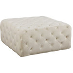 Meridian Furniture - Ariel Velvet Upholstered Ottoman/Bench, Cream - Make this Ariel cream velvet ottoman/bench part of your relaxation ritual. This welcoming ottoman has a lavish look with its deep button-tufting and lush velvet upholstery. The soft cream color lends a cheery feel to your room and has a shiny sheen that gives it a sumptuous and welcoming look. This glamorous-looking ottoman is an ideal foot prop at the end of the day and also doubles as an additional seat on family game night.