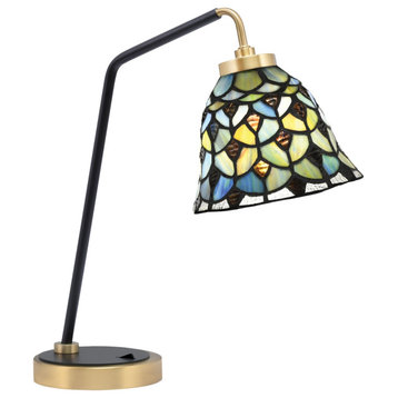 1-Light Desk Lamp, Matte Black/New Age Brass Finish, 7" Crescent Art Glass