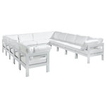 Meridian Furniture - Nizuc Water Resistant Patio U-Shaped Modular Sectional, White, 12-Piece: 8 Armless Chair, 4 Corner Chair, White Aluminum Frame - Pick and choose your favorites from the Nizuc collection to create a modular seating group the whole gang will enjoy. The sturdy aluminum frame provides dependable support for friends and family as they relax and unwind, and the resilient white water resistant fabric stands up to the elements without losing its beautiful demeanor, so you can count on it lasting for the long haul. Latches beneath these seating pieces help you easily attach them to one another for convenient setup.